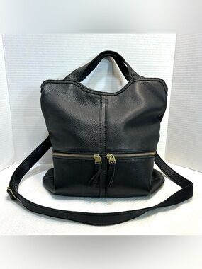 Fossil Erin Fold Over Black Pebble Leather Tote Bag Double Handle Large Pockets
